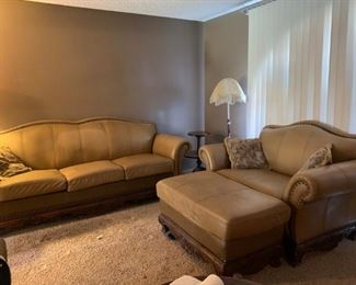 Leather / Wood Couch, Love Seat & Chair / Ottoman