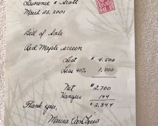 receipt for large Asian Silk Screen