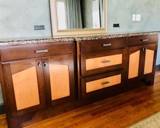 Custom-made granite top buffet and burl wood and metal hardware