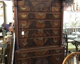 Highboy Circa 1930 very fine quality. Fine flame mahogany. Beautiful cond.