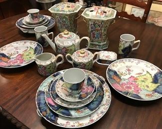 Mottahedeh Tobacco Leaf - service for 2. Pieces priced individually. Pr. Famille Rose vases (SOLD). Included are 2 hot plates that water can be poured in -to keep your meal warm. Unusual pieces- hard to find.