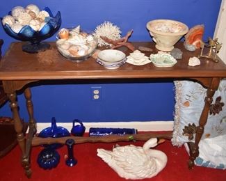 Sofa Table, Shells, Coral, Cobalt Blue Glass