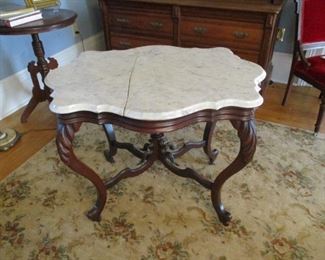 Turtle Top Table with White Marble. Marble is cracked as shown, but table is still sturdy, usable, unique and gorgeous.  Walnut or rosewood.