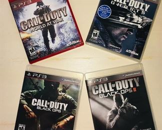 Playstation 3, PS3 games:  Call of Duty World at War; Call of Dury Ghosts; Call of Duty Black Ops and Black Ops 2