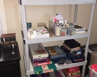 Vintage board games and miscellaneous office supplies