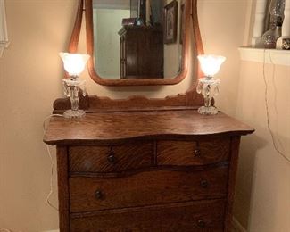 Antique tiger oak 3 drawer chest with adjustable mirror