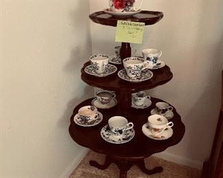 Mahogany 3 tiered table and china tea cups