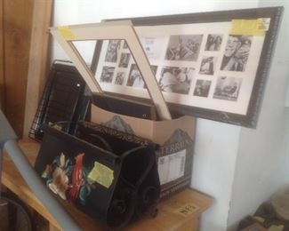 Vintage tin magazine rack, picture frames