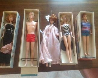 1959 Barbie plus Ken, Midge and another Barbie.  With original boxes.
