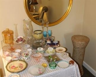 Beautiful china tea cups, glassware, hand painted china, round mirror and marble pedestal.  