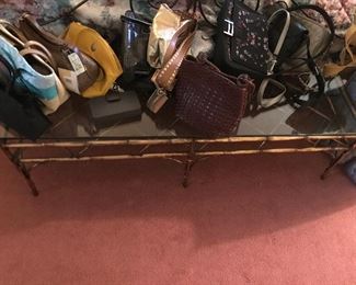 Vintage Iron Glass Top Table  and Handbags