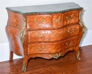 45. Louis XV Style Parquetry MarbleTop Bombe Chest with Ormolu Detail