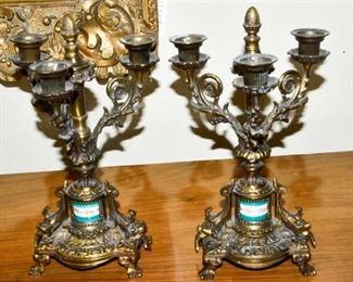 74. Pair of Cast Bronze And Porcelain Candleabra
