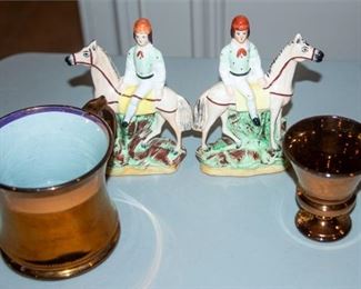 147. Pair of Staffordshire Figurines and Two Copper Luster Vessels