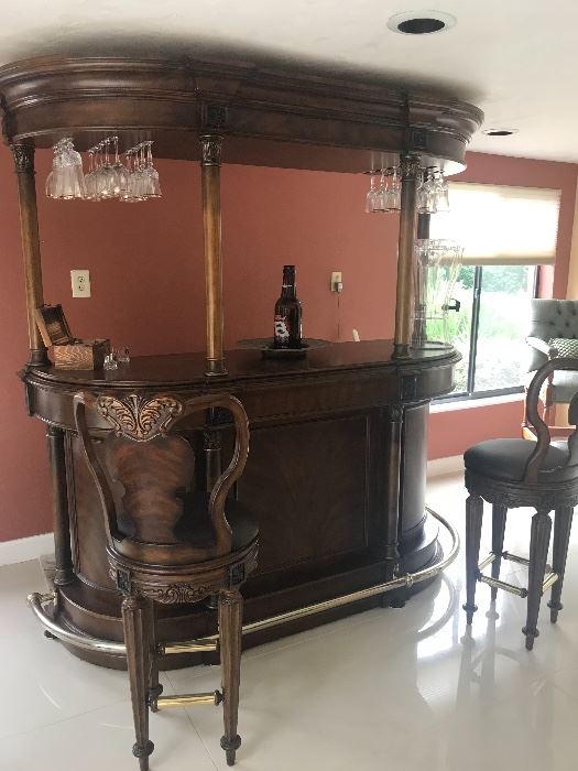 Bar unit and two Bar Chairs. Solid wood Beautiful and in excellent condition. Drawers in back of B