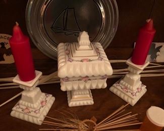 Milk Glass with transfers, candy dish and candlesticks. My grandma had a candy dish just like this and the challenge was to sneak candy out of it without making a sound.  If she heard us, she would holler and tell us we're ruining our appetites for dinner!