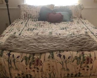 King size mattress, frame, bedding (all sold separately). Matching shower curtain as well