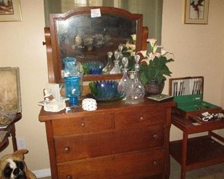 Antique oak dresser with swivel mirror - incomplete set of silver plate