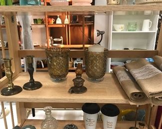 Candlesticks, burlap in various sizes, cracked glass candle holders