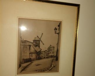 Etching of European scene with Windmill