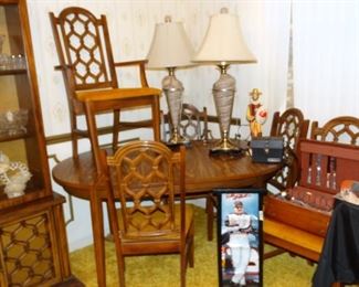 Mid Century Walnut Finish Dining Table 6 Chairs, One Leaf, Seashell Design Contemporary Lamps