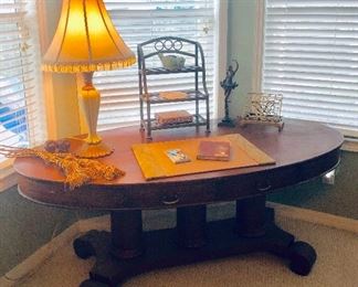 Antique Wolverine Mfg. Co. Oval Empire 2-Drawer Parlor/Library Table - $425
(72W  36D  29H)

