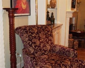 Fine Carved Stand, pretty oversized sitting chair and art deco poster (repro)