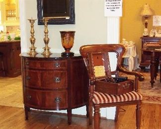 Fine Mahogany 3 Drawer Chest, Large Pr. Brass Candle Sticks