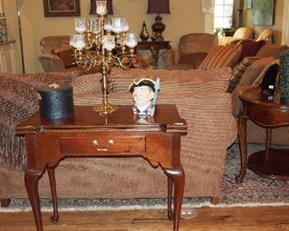 Nice Mahogany Game Table, Brass Candelabra, Toby Mug