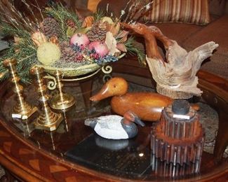 Floral Decor, Carved Ducks and Brass Decor
