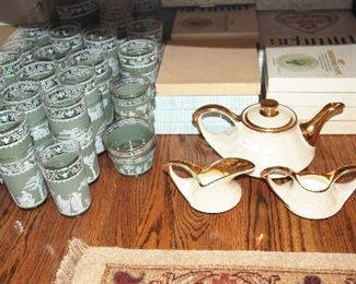 LARGE set Wedgwood Glasses, Bowls and Pitcher, Vintage Teapot and creamer & Sugar, MIB Plates