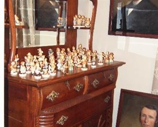 Fine American Oak Mirrored Sideboard COVERED w/ Hummels (most have boxes)