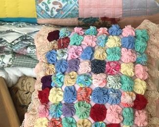 Vintage Yo Yo handmade pillows and quilted blankets