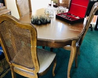 Vintage 70’s wood dining table and chairs, with leaves and pads (extends to seat 8-10)