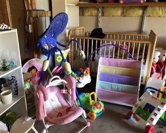 Crib, bouncy seats, Dora Chairs and table, push and pull toys, ride on toys 