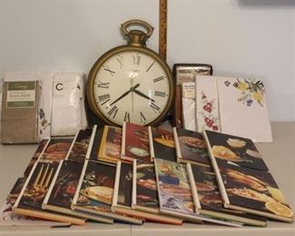 Cookbooks, clock, linens new in package
