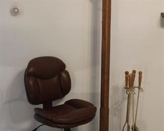 Office chair, hall tree and fireplace tools
