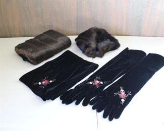 Sable-like Beret & Muff, Velvet Scarf & Gloves
