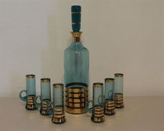Vintage Blue and Gold Glass Liquor Set
