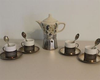Sterling Silver Plated Espresso Set, Metal Saucers and Spoons
