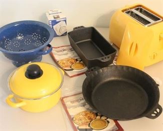 Cast Iron Skillet and bread pan, toaster, more
