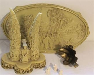 Large Ivory Like Figure & Resin Aisin Wall Hanging, Brass Shell
