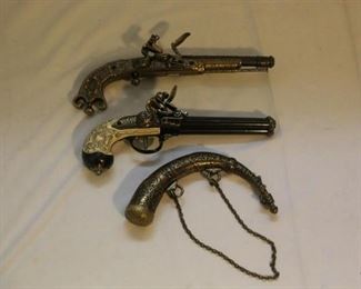 Denix Replica Pistols, & Brass Powderhorn
