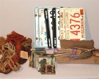 Metal/Wood Windchime & Old License Plates & Postcards
