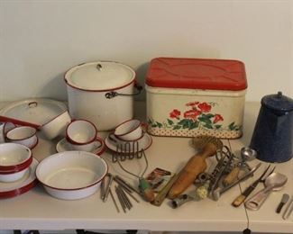 Vintage Red and White Metal Dinner Set and More
