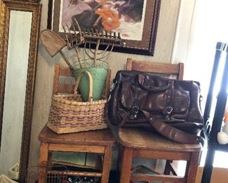 Vintage children's chairs basket, leather satchel, UT commemorative print