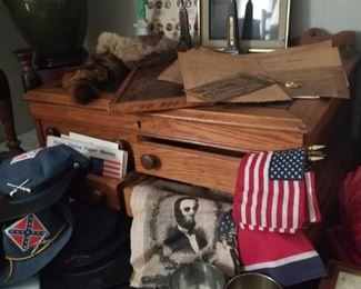 Antique oak spool chest and reproduction Civil War items