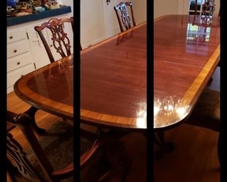 vintage mahogany double pedestal 2-leaf dining table with set of 6 Chippendale-style mahogany dining chairs