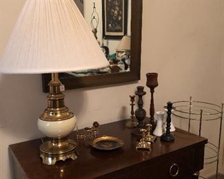 Brass and wood, Limoges mini table/chairs and plate.