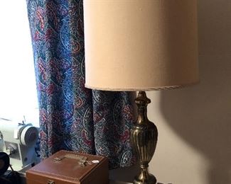 Singer attachments, brass lamp.